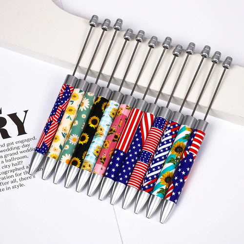 Long flag print beaded pen, educational handmade beaded pen