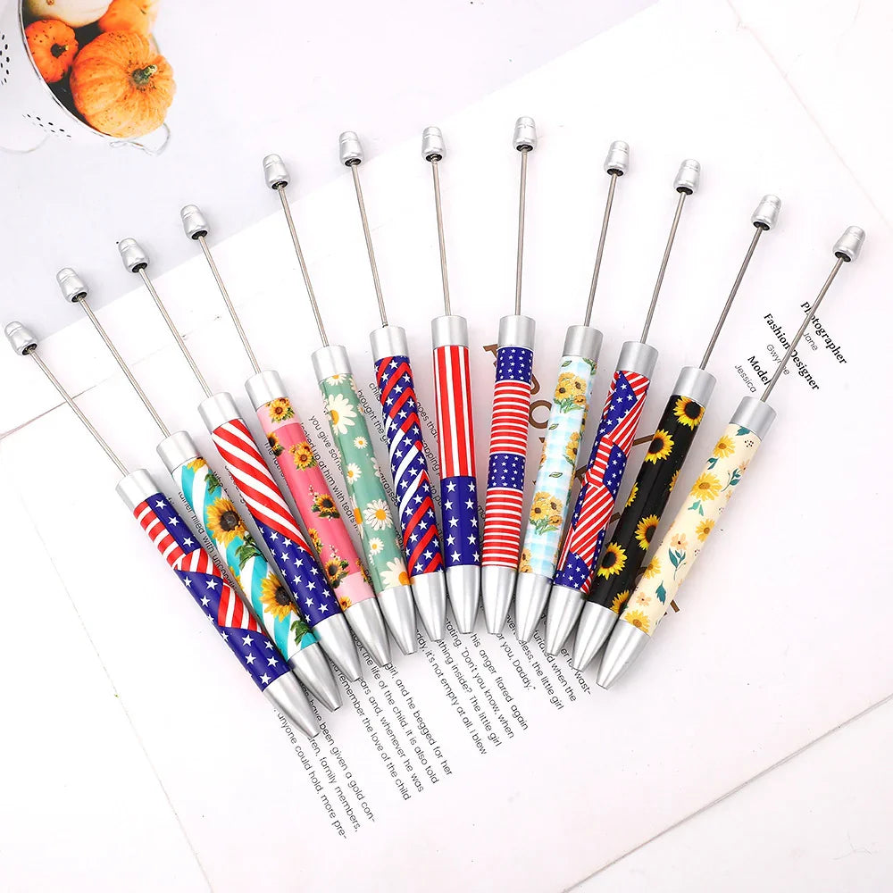 Long flag print beaded pen, educational handmade beaded pen