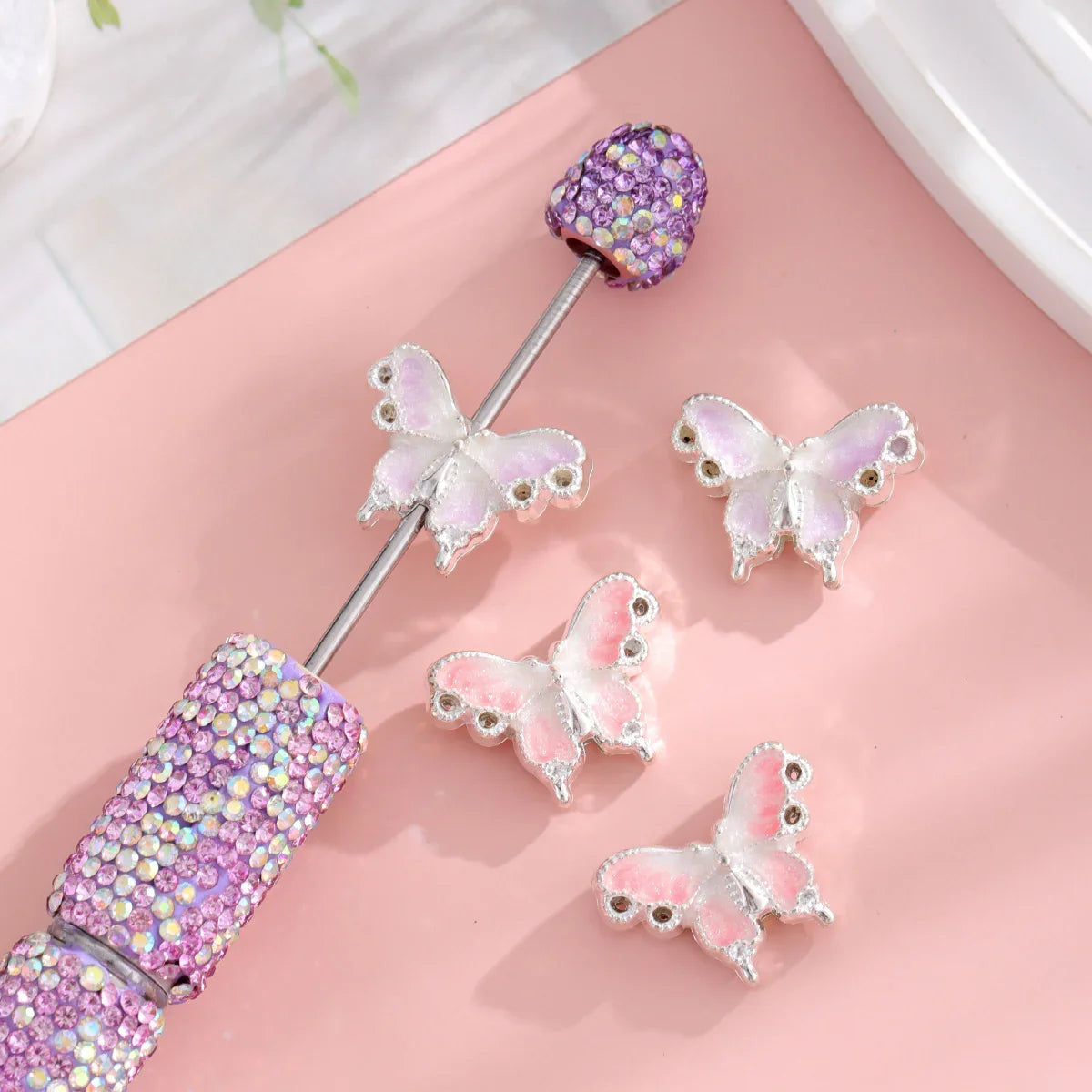 Silver Alloy Beads Enamel Gradient Butterfly Straight Hole Beads