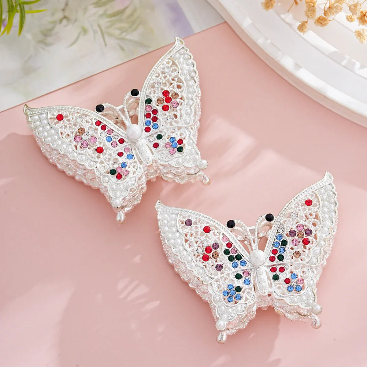 Silver Alloy Beads Large Colored Diamond Butterfly Beads