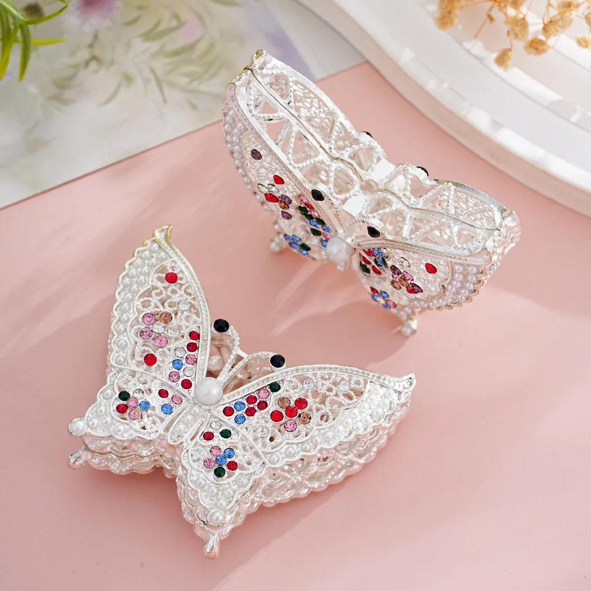 Silver Alloy Beads Large Colored Diamond Butterfly Beads