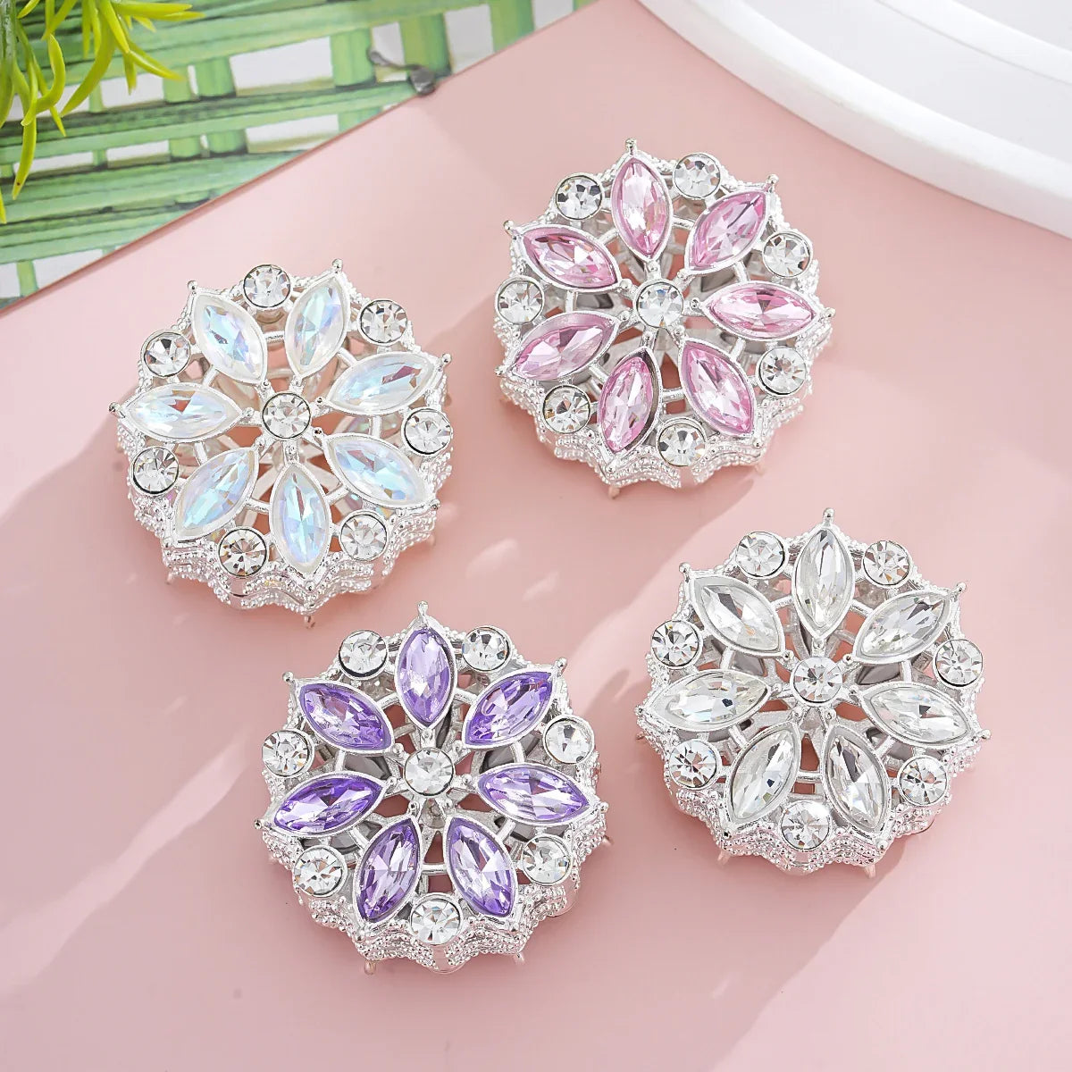 Silver Alloy Beads Diamond-encrusted Cherry Blossom Straight Beads