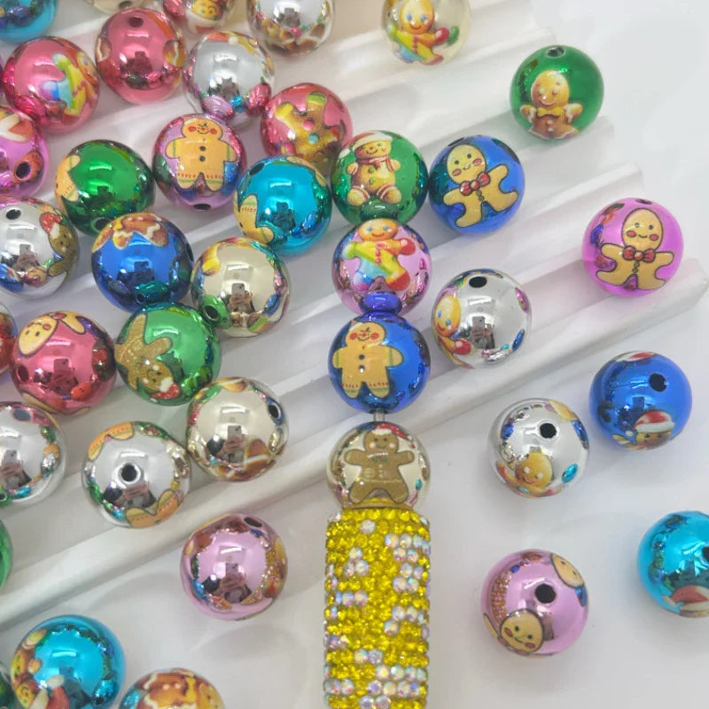 16mm Acrylic UV Color Plated Print Christmas Tree Snowman Kt Cat Straight Hole Beads