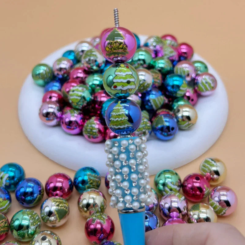 16mm Acrylic UV Color Plated Print Christmas Tree Snowman Kt Cat Straight Hole Beads