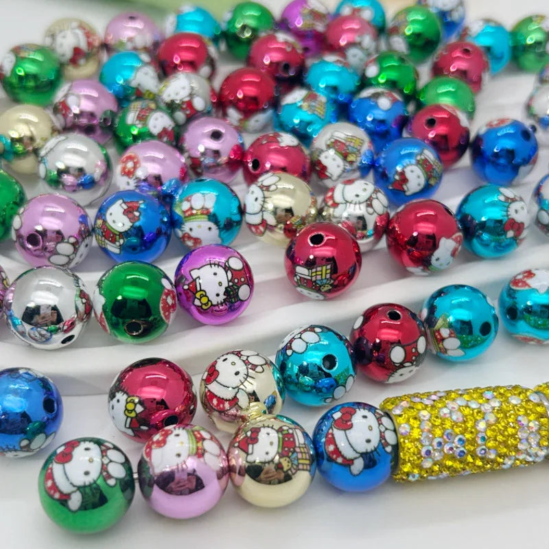 16mm Acrylic UV Color Plated Print Christmas Tree Snowman Kt Cat Straight Hole Beads