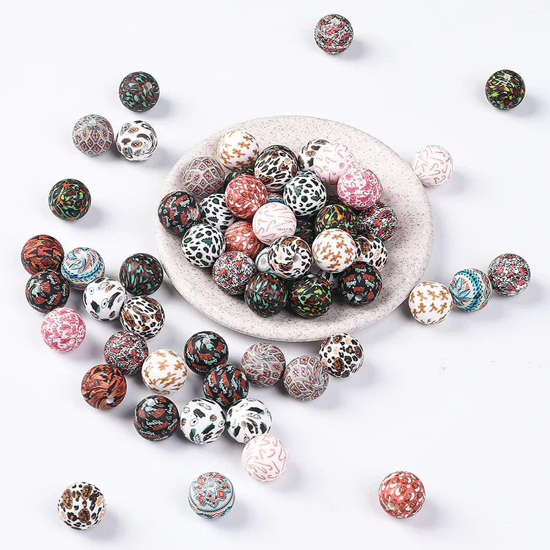 Factory Water Transfer Round 15mm Silicone Beads European and American Fashion Beaded Bracelet Jewelry Bulk Silicone Beads Wholesale