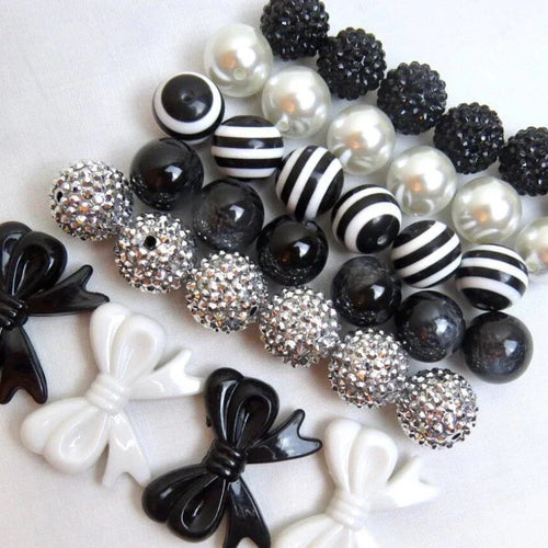 34pcs Black and White Printing Mixed Color 20MM Acrylic Large Beads Mixed Beaded Loose Beads Combination