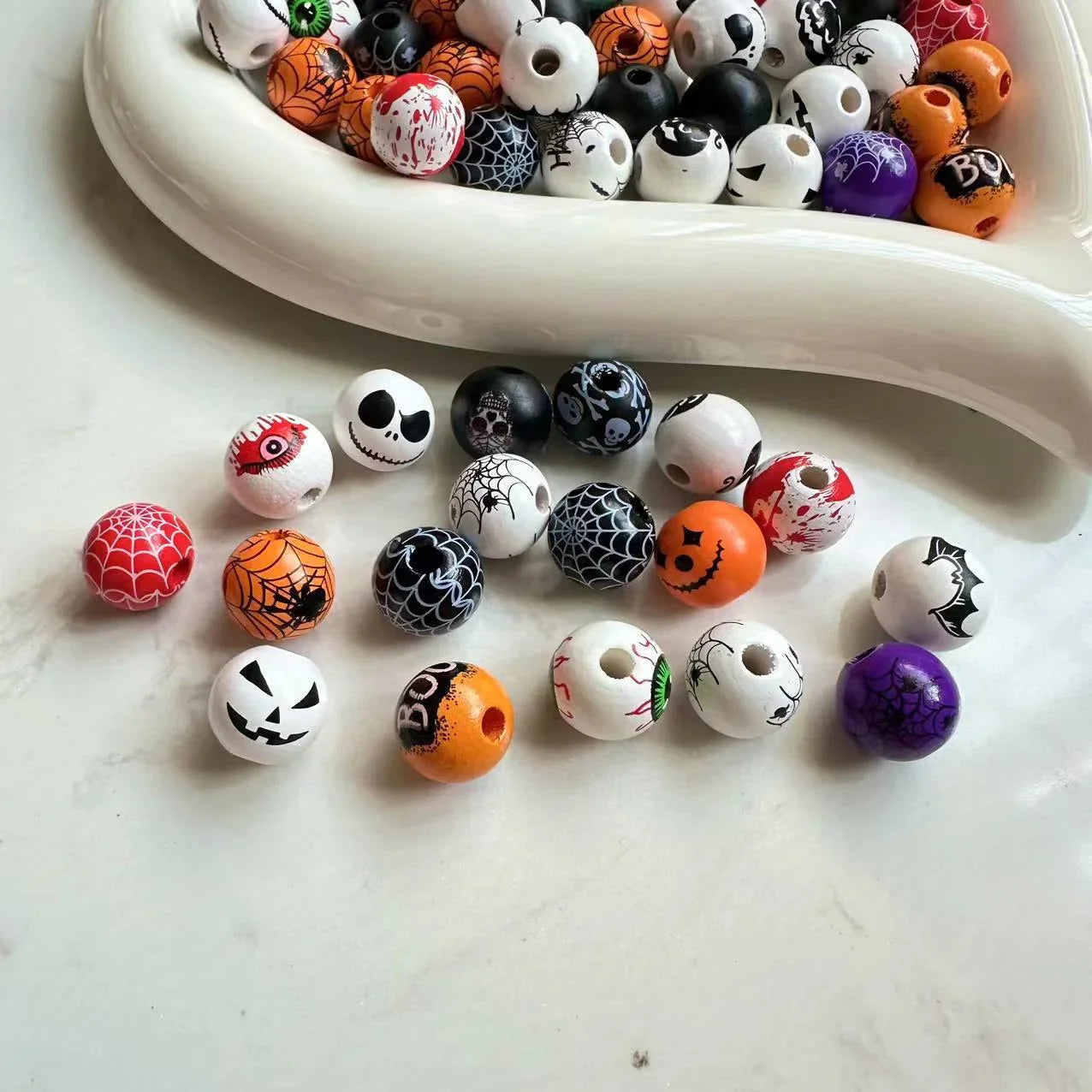 Halloween Print Wooden Beads Pumpkin Spider Web Skull Beads DIY Accessories Beaded