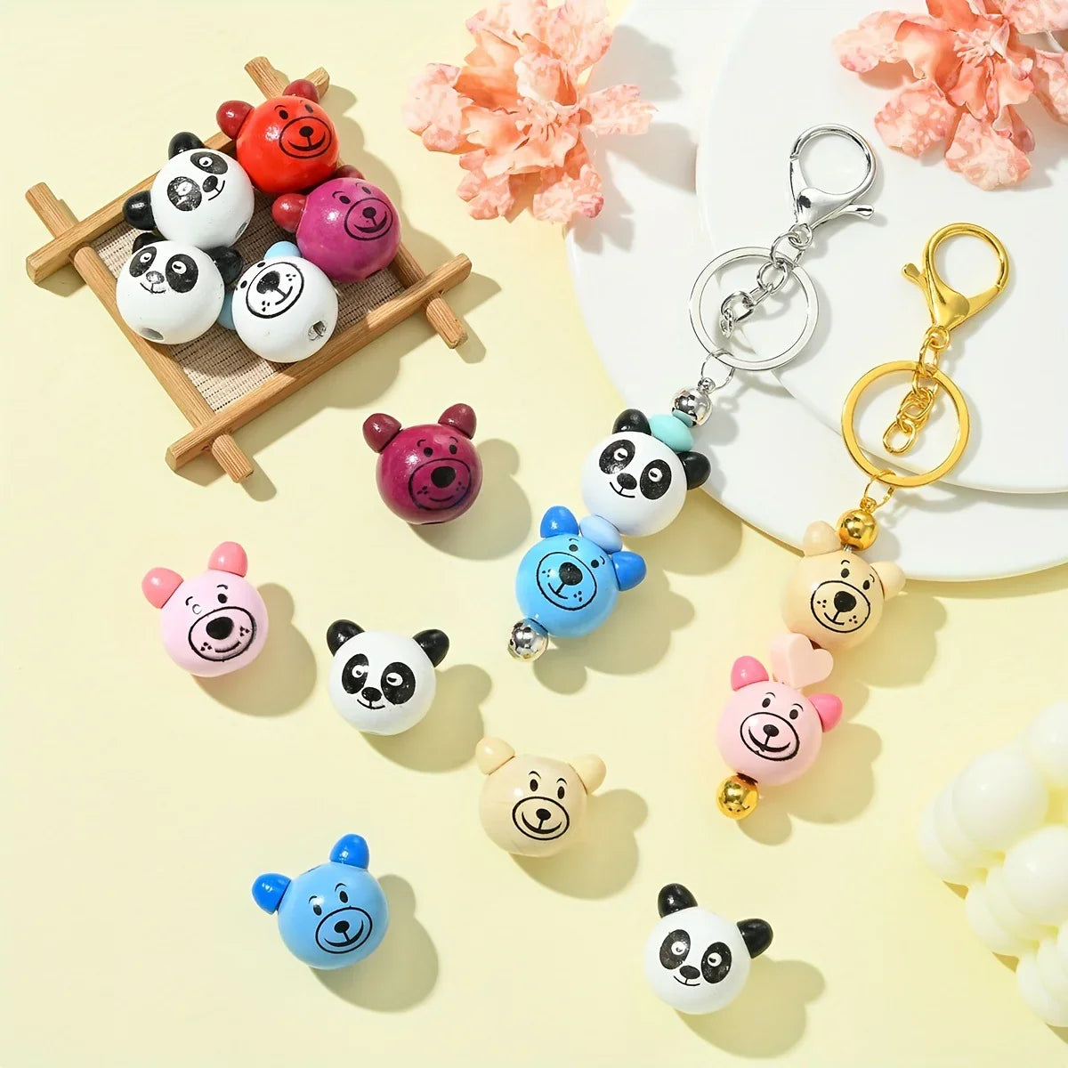 15PCS Mixed Cute Bear Pattern Wooden Beads