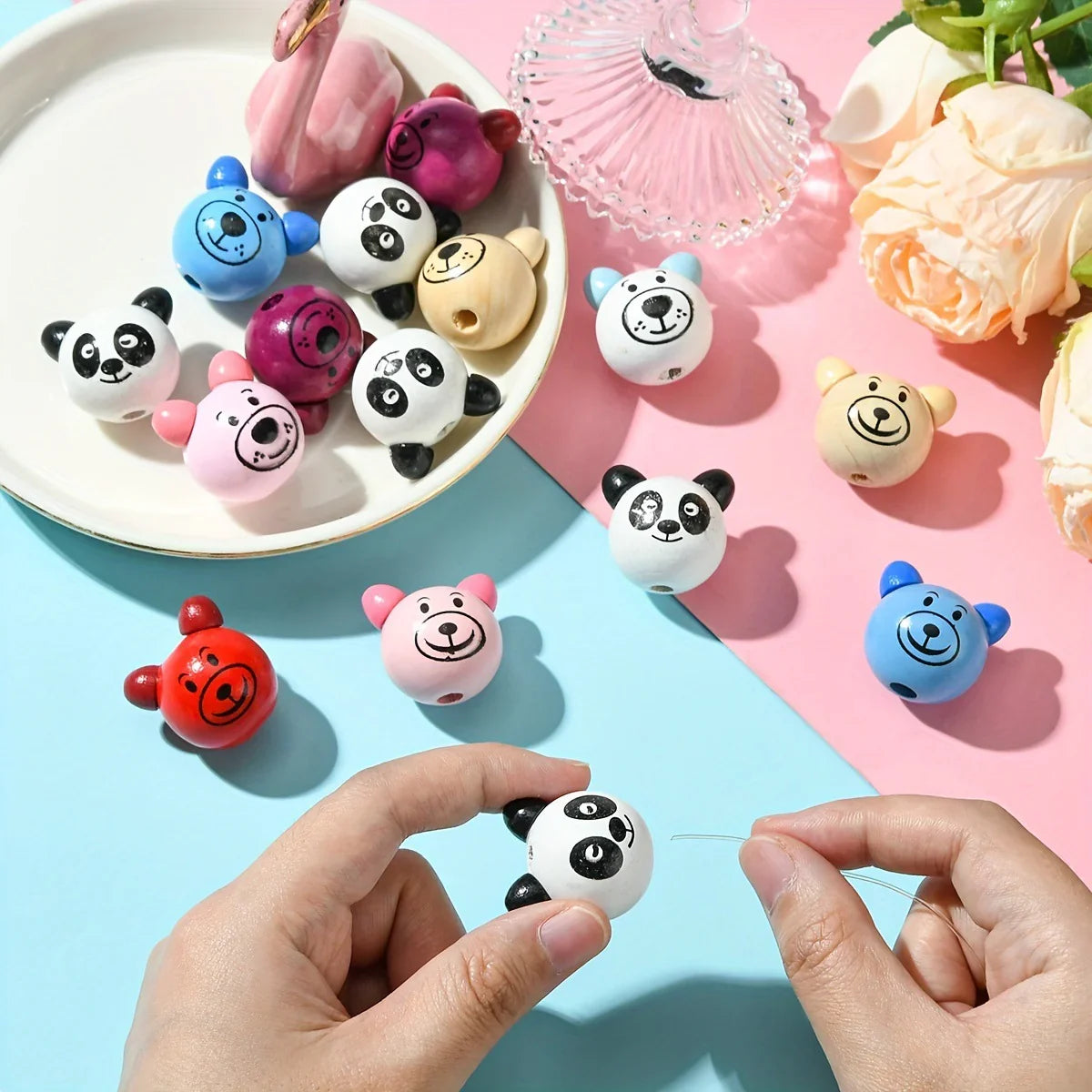 15PCS Mixed Cute Bear Pattern Wooden Beads