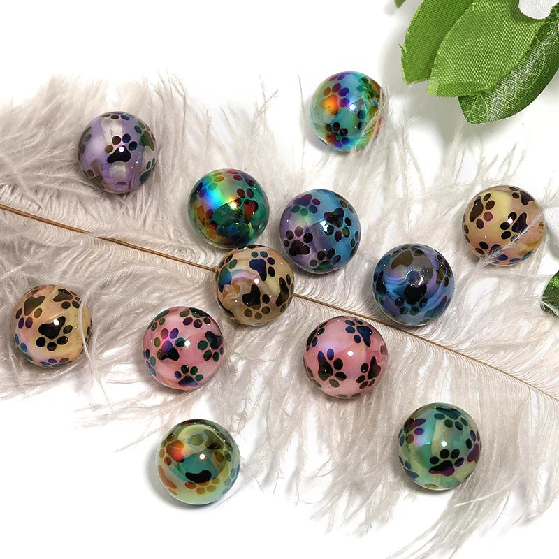 16MM Acrylic black cat paw print round beads UV plated milk pattern beads