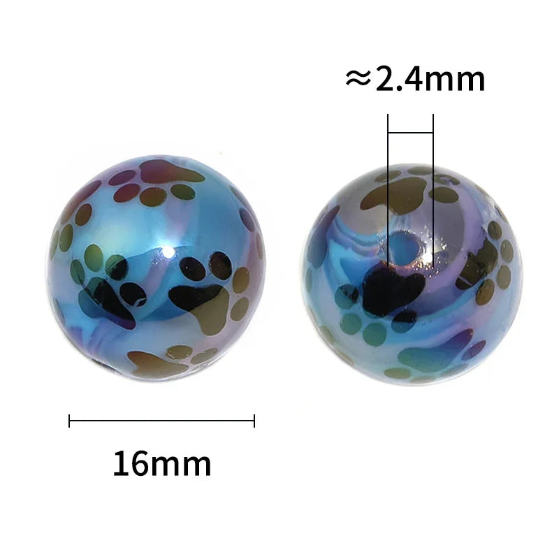16MM Acrylic black cat paw print round beads UV plated milk pattern beads