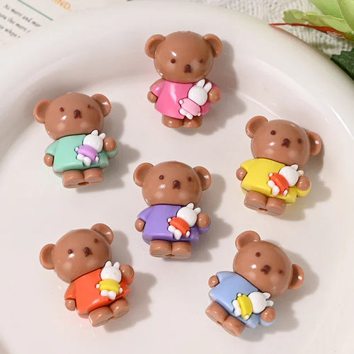 Cartoon Soft Plastic Three-dimensional Brown Bear Wearing Colorful Clothes Hugging A Bunny Through-hole Beads