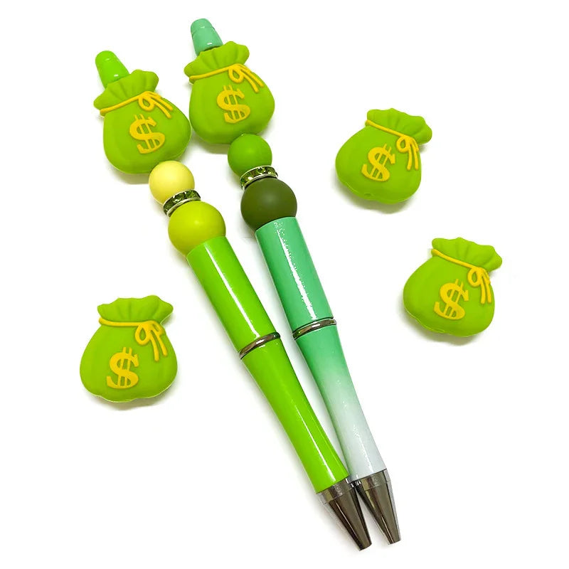 Green Money Bag Silicone Focus Beads with Coin Pattern and Yellow Ribbon