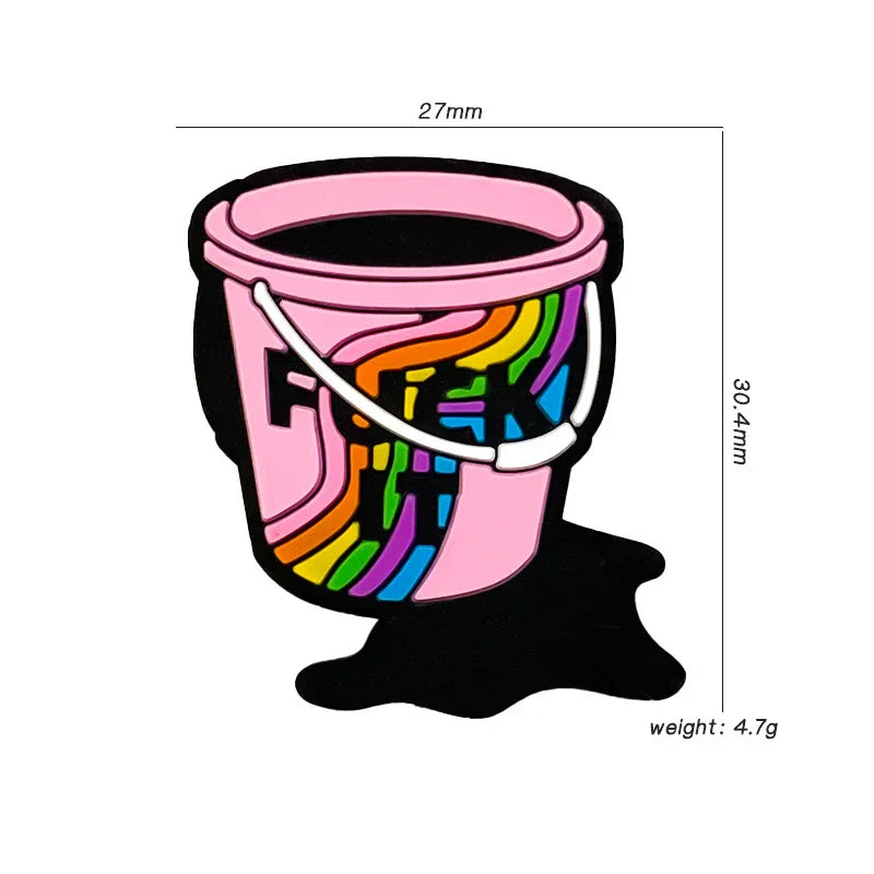Pink Bucket Silicone Focus Beads Printed with Rainbow Stripes and English Letters