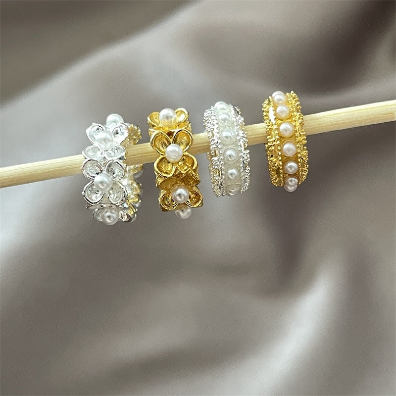 Alloy Inlaid Pearl Round Wreath Straight Hole Spacer Beads