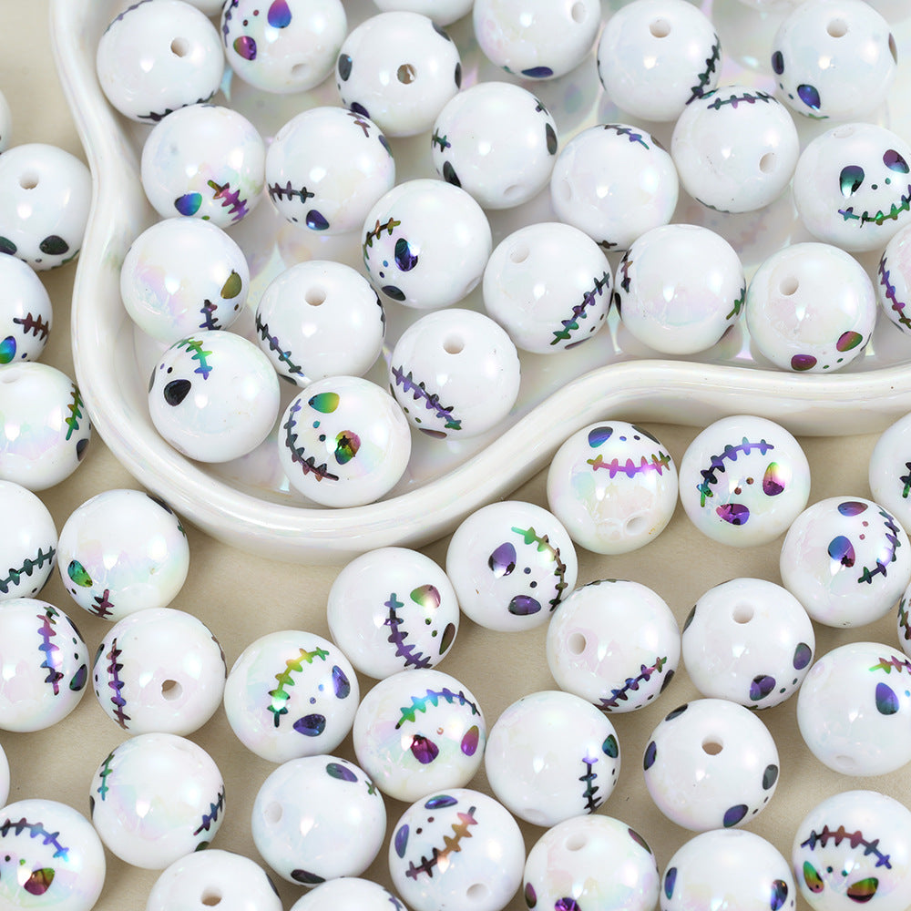 16MM Halloween Ghost Face Doll with Mouth Sewn Shut White Acrylic Straight Hole Beads