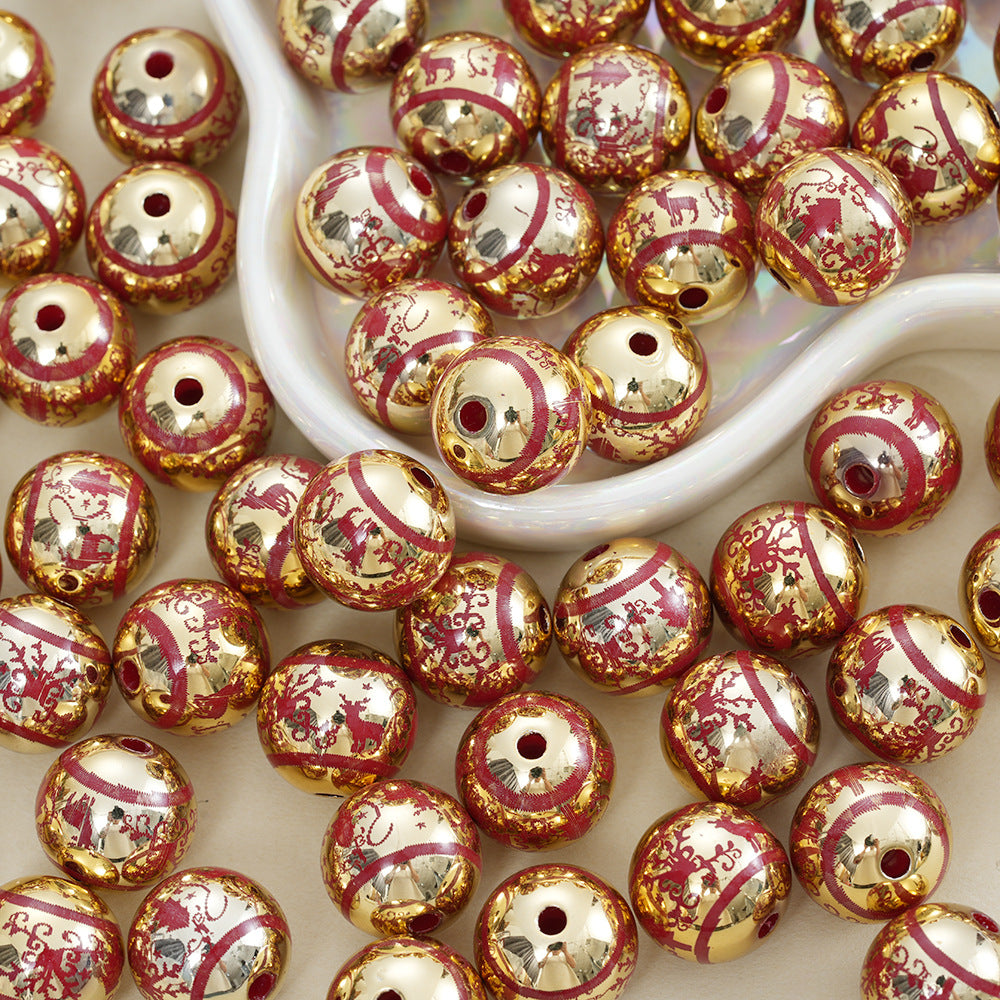 16mm Christmas Series Gold Acrylic Straight Hole Beads with Red Elk Print
