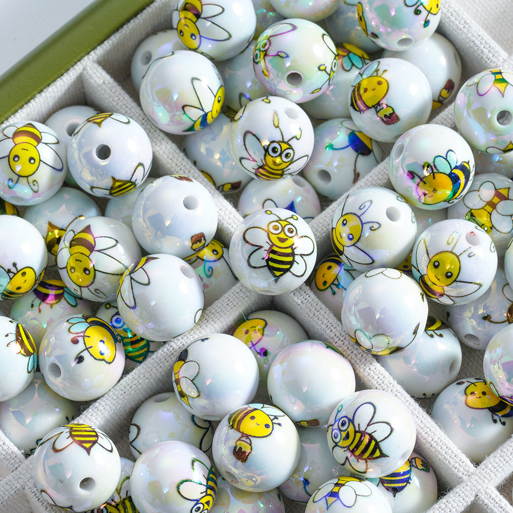 16mm Acrylic Straight Hole Beads Printed with Various Cute Bee Patterns