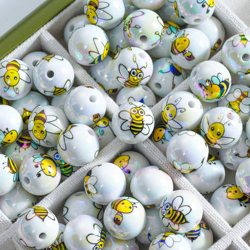 16mm Acrylic Straight Hole Beads Printed with Various Cute Bee Patterns