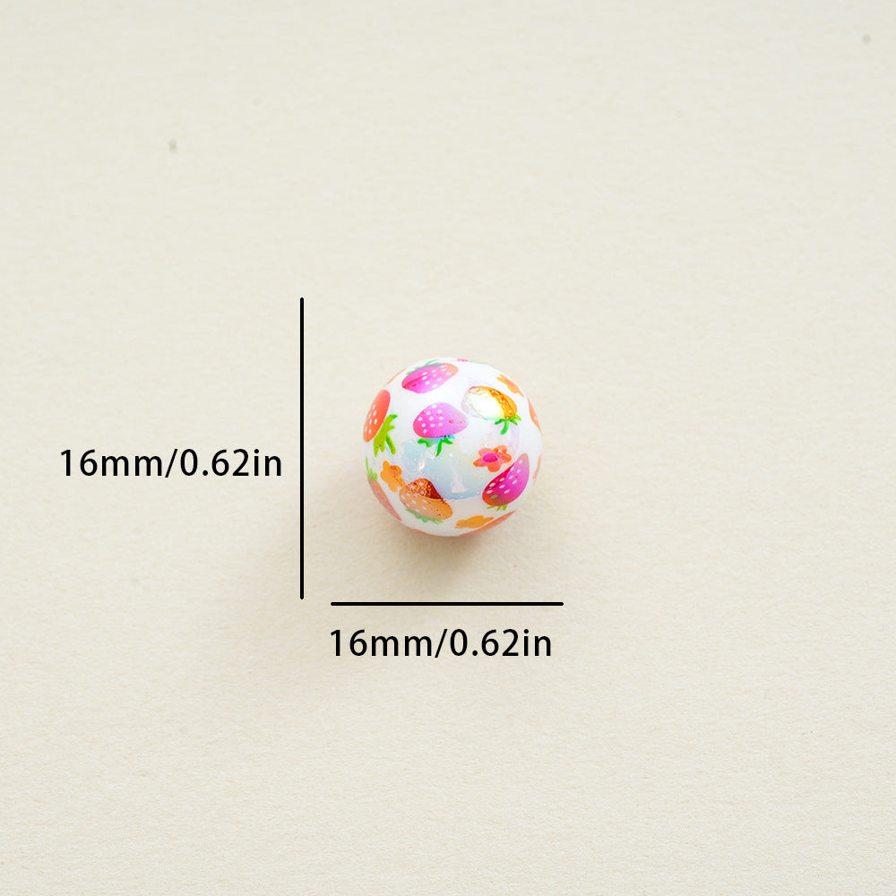 16mm Acrylic Straight Hole Beads Printed with Strawberry Pattern