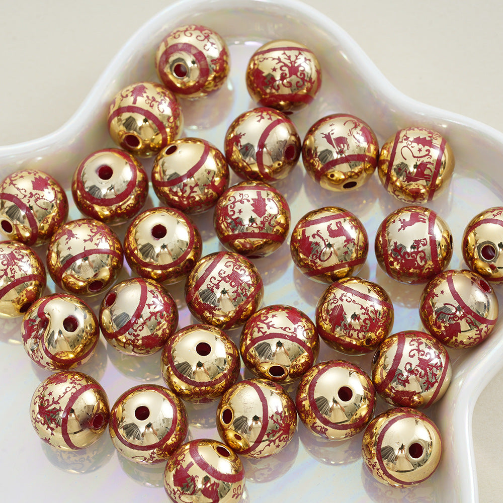 16mm Christmas Series Gold Acrylic Straight Hole Beads with Red Elk Print