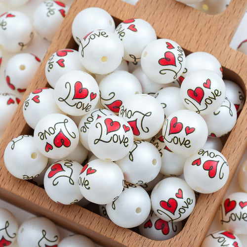 16mm White Acrylic Straight Hole Beads Printed with LOVE and Heart