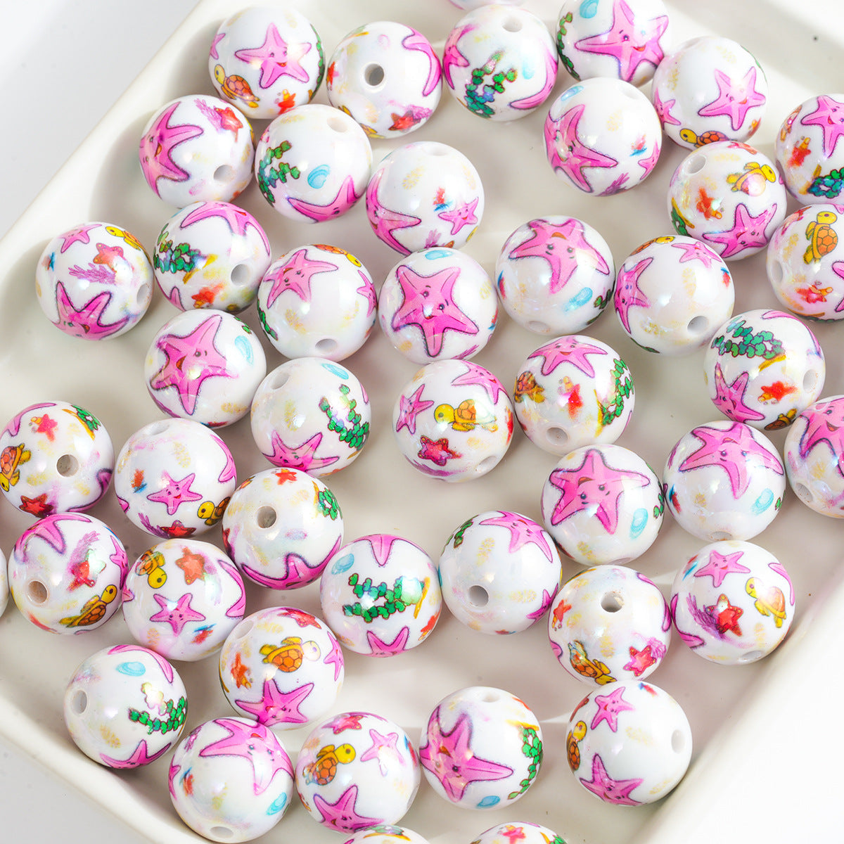 16MM White Acrylic Straight Hole Beads with Starfish Pattern
