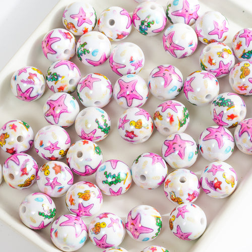16MM White Acrylic Straight Hole Beads with Starfish Pattern