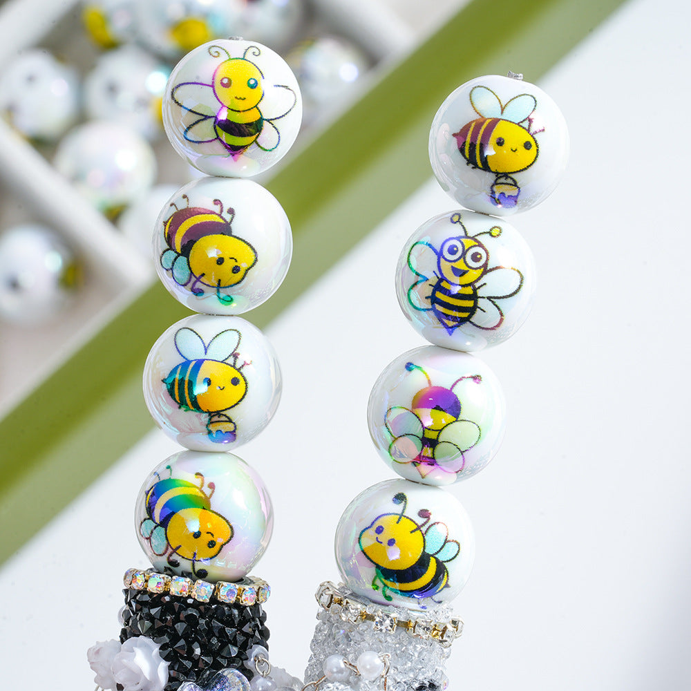 16mm Acrylic Straight Hole Beads Printed with Various Cute Bee Patterns