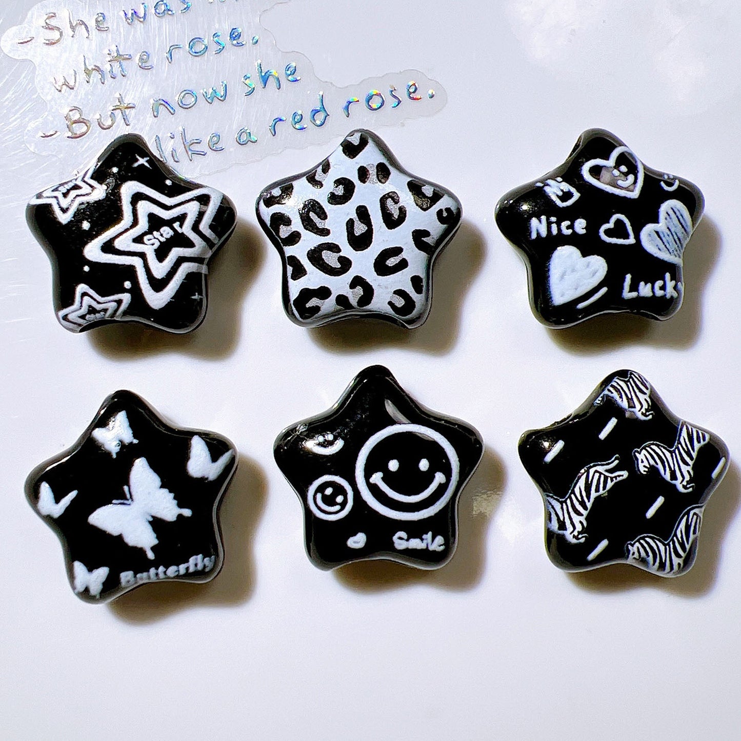 26MM Acrylic Printed Black Five-pointed Star Straight Hole Beads