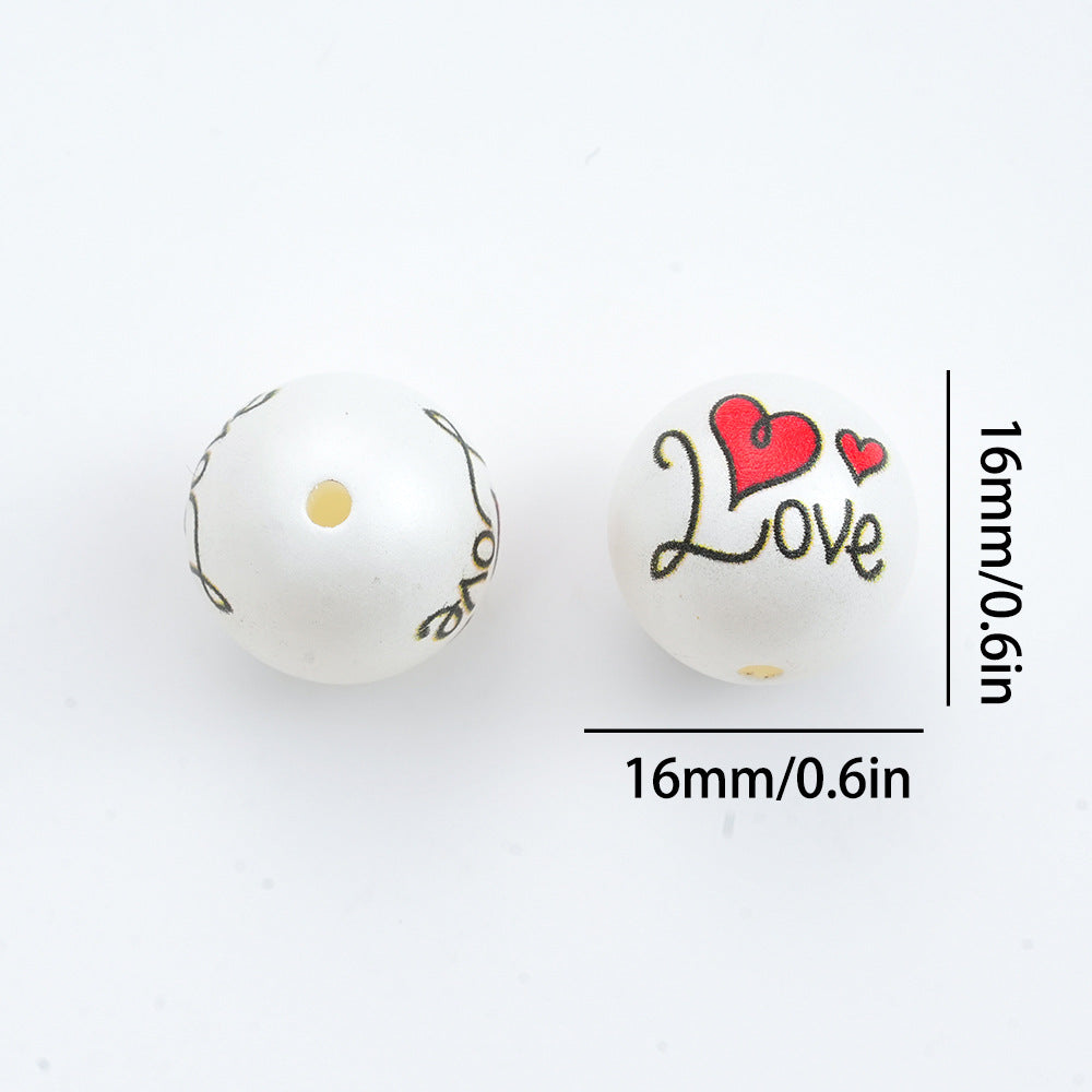 16mm White Acrylic Straight Hole Beads Printed with LOVE and Heart