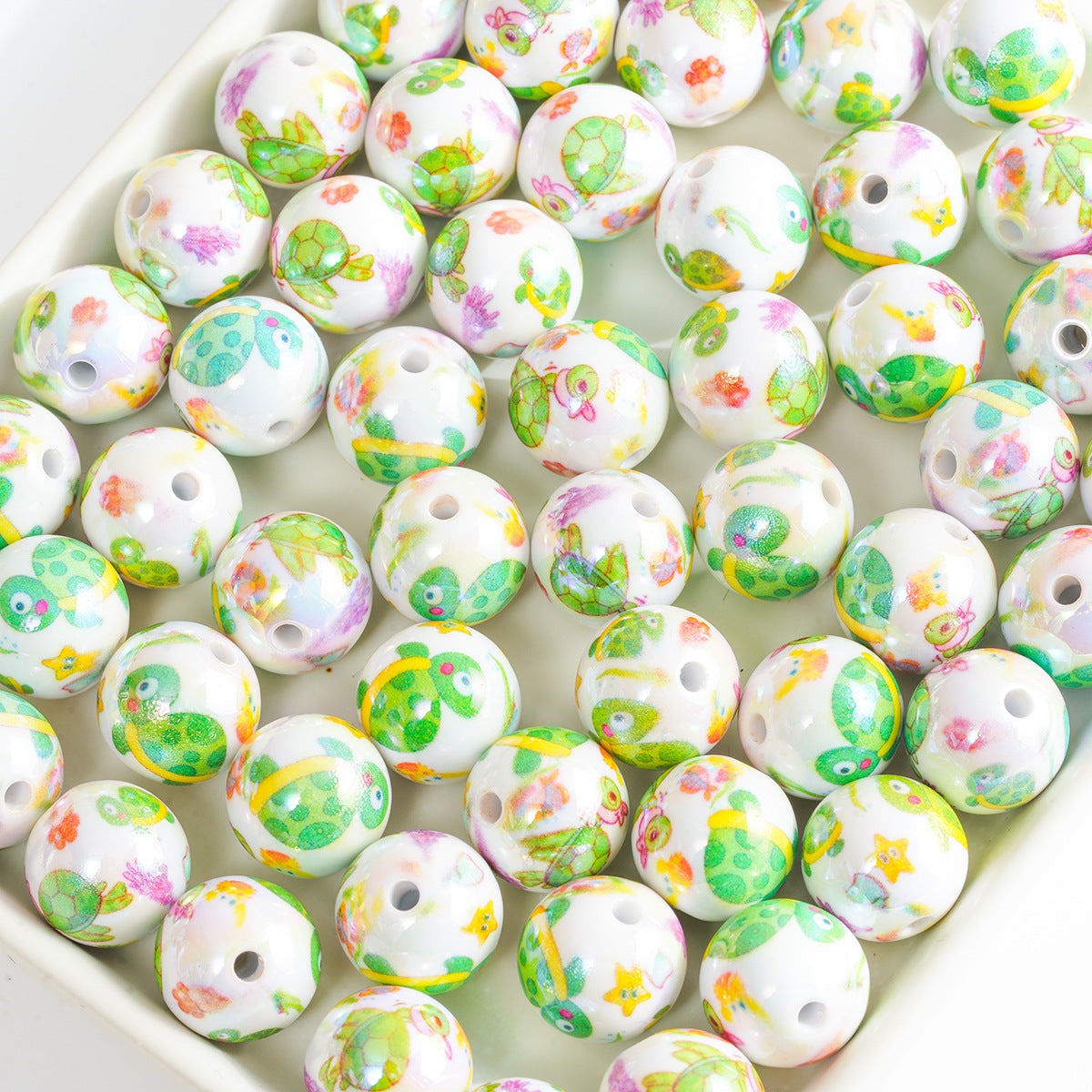 Acrylic Straight Hole Beads with Green Turtle and Fish Prints