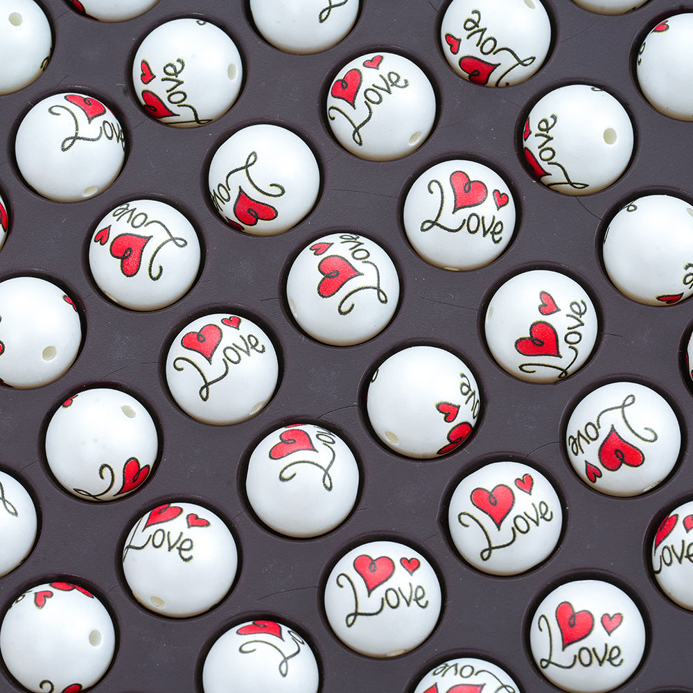 16mm White Acrylic Straight Hole Beads Printed with LOVE and Heart