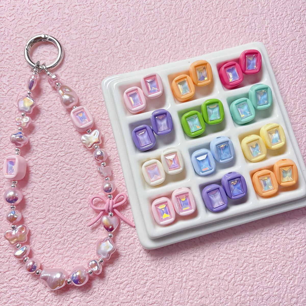 11x14mm Macaron Square Beads with Gem Inlay - Shimmering AB | Acrylic Bead for DIY Bracelet Keychain Jewelry Making