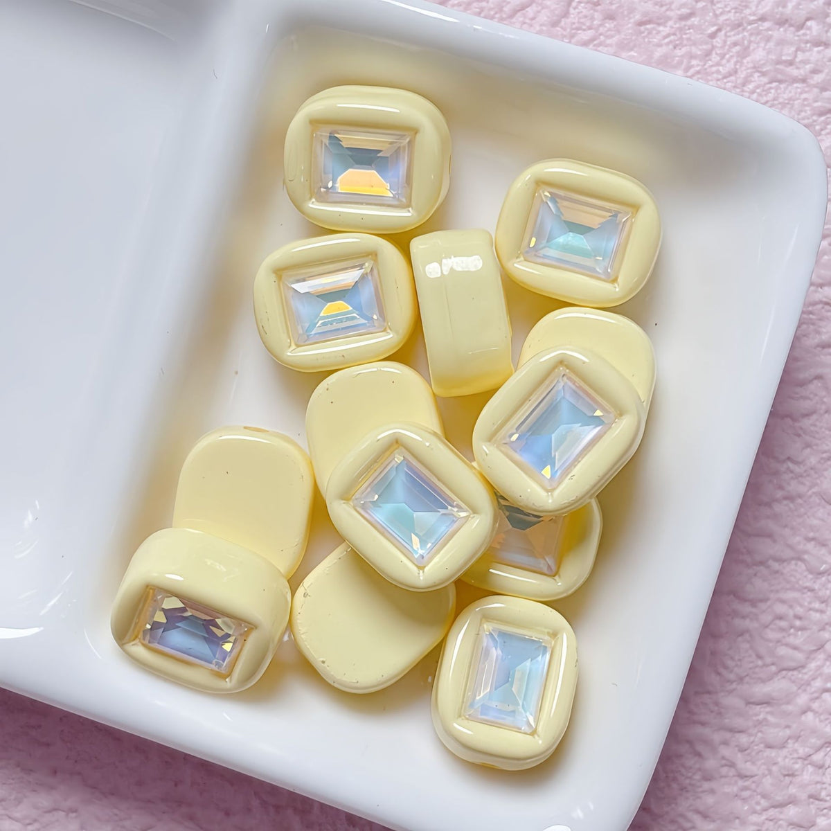 11x14mm Macaron Square Beads with Gem Inlay - Shimmering AB | Acrylic Bead for DIY Bracelet Keychain Jewelry Making