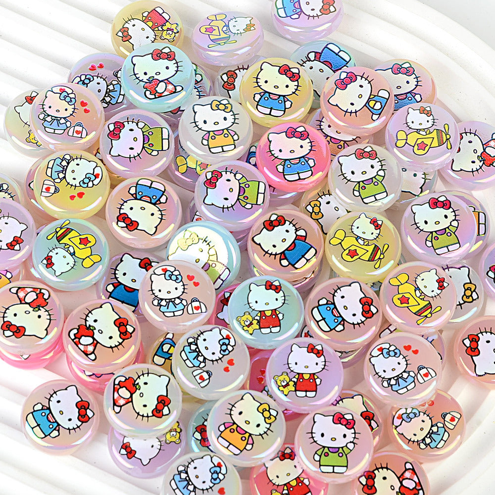 24mm Hello Kitty Iridescent Focal Beads, Flat Round Cartoon Acrylic | Acrylic Bead for DIY Bracelet Keychain Jewelry Making
