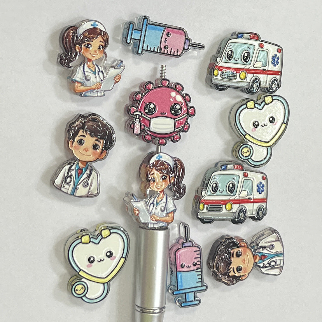 Mixed Cute Medical Theme Focal Beads, Nursing & Doctor Chibi Silicone Beads for DIY Beadable Pens, Syringe, Ambulance, Stethoscope, Virus Charm Spacers