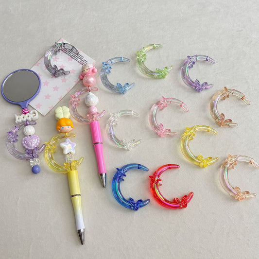 52x40mm UV Iridescent Crescent Moon Focal Beads, 3mm Hole Clear Acrylic Curved Moon Charms with Butterfly & Star for Beadable Pens & Keychains
