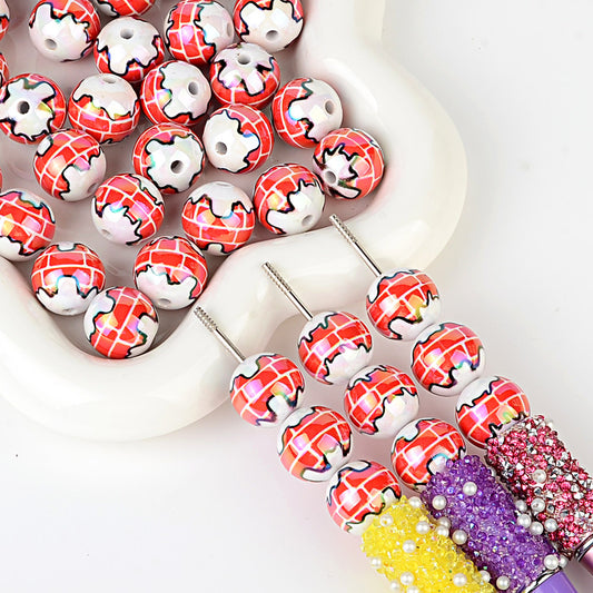 Christmas Snowy Chimney Brick Print Acrylic Beads, Glossy Iridescent Round Spacer Beads for Holiday Jewelry Making, Beadable Pens & DIY Crafts