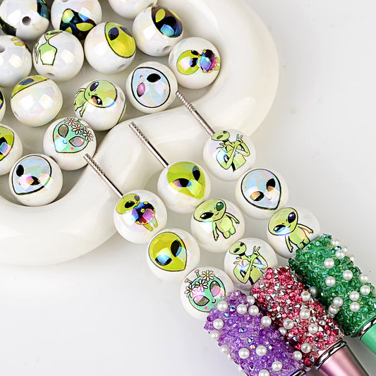Cute Alien Printed Round Acrylic Beads, Glossy Pearlescent Spacer Beads for Beadable Pens, Y2K Jewelry Making, DIY Bracelets & Keychains