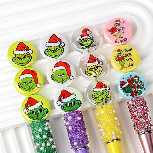 24mm Holiday Mean Green Monster Flat Round Coin Beads, Christmas Mischief Acrylic Focal Beads for Beadable Pens, Keychains & DIY Holiday Crafts