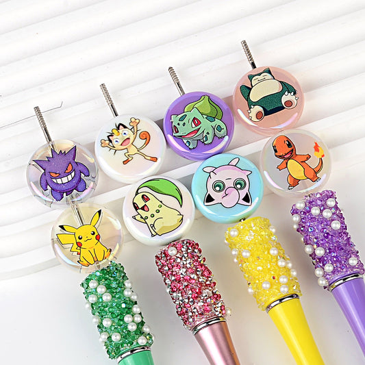 Anime Pocket Monsters Printed Flat Round Coin Beads, Cute Cartoon Charms Spacer Beads for DIY Beadable Pens, Keychains & Craft Making