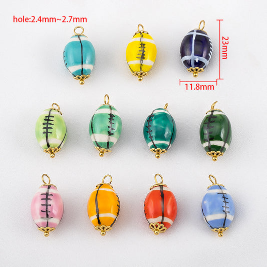 23mm Colorful Ceramic Football Charms with Gold Bead Caps, Glazed Rugby Sports Ball Pendants with Large Loop for DIY Earrings, Bracelets & Jewelry Making