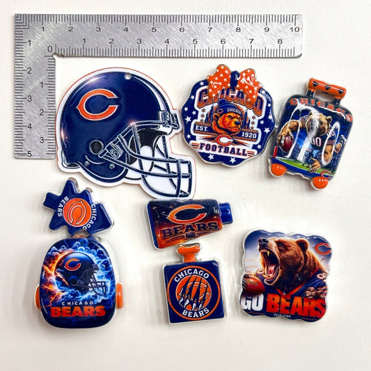 Navy & Orange Football Acrylic Focal Beads & Charms Set, Chicago Grizzly Bear Helmet Slide Beads & Pendants for DIY Beadable Pens, Keychains & Fan Crafts