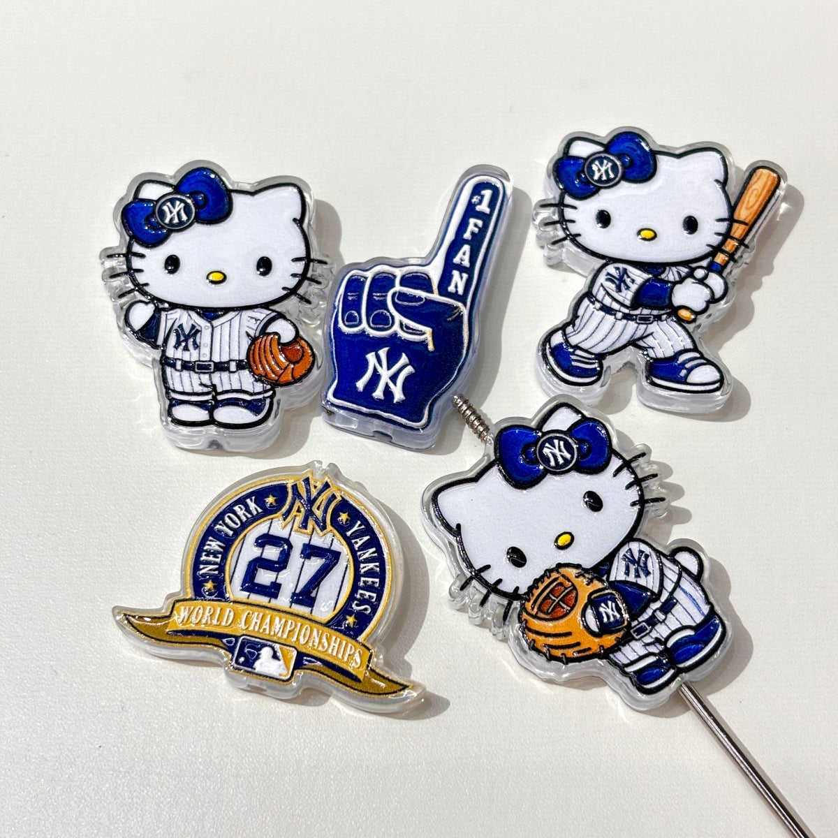 Cute Baseball Mascot Kitty Acrylic Focal Beads, New York Navy Pinstripe #1 Fan Charms for DIY Beadable Pens, Keychains & Game Day Crafts