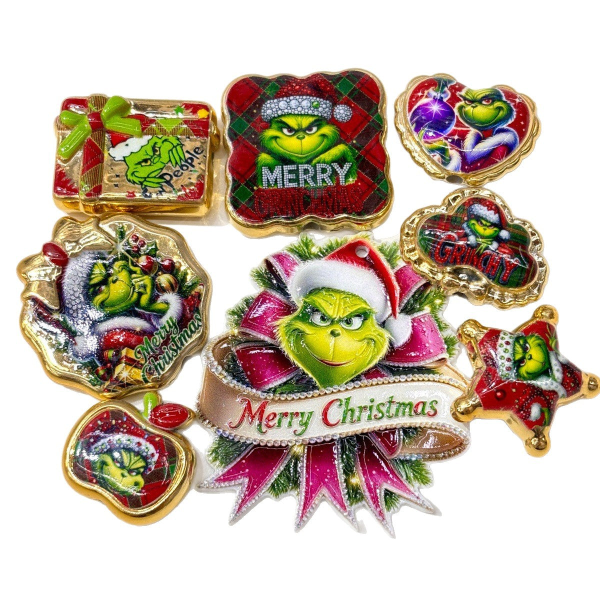 Christmas Holiday Green Monster Acrylic Focal Beads, Gold Rim Plaid Santa Thief Charms for DIY Beadable Pens, Keychains & Wreath Crafts