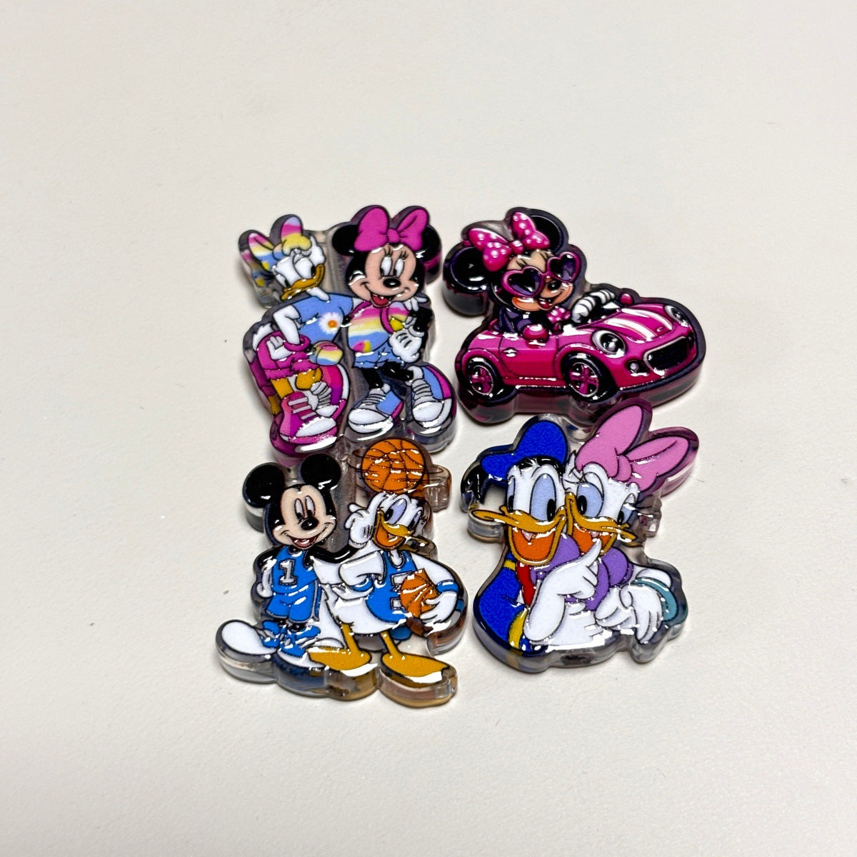 Cute Cartoon Mouse & Duck Friends Acrylic Focal Beads, Retro Couple & Sports Car Printed DIY Charms for Beadable Pens, Keychains & Wristlets
