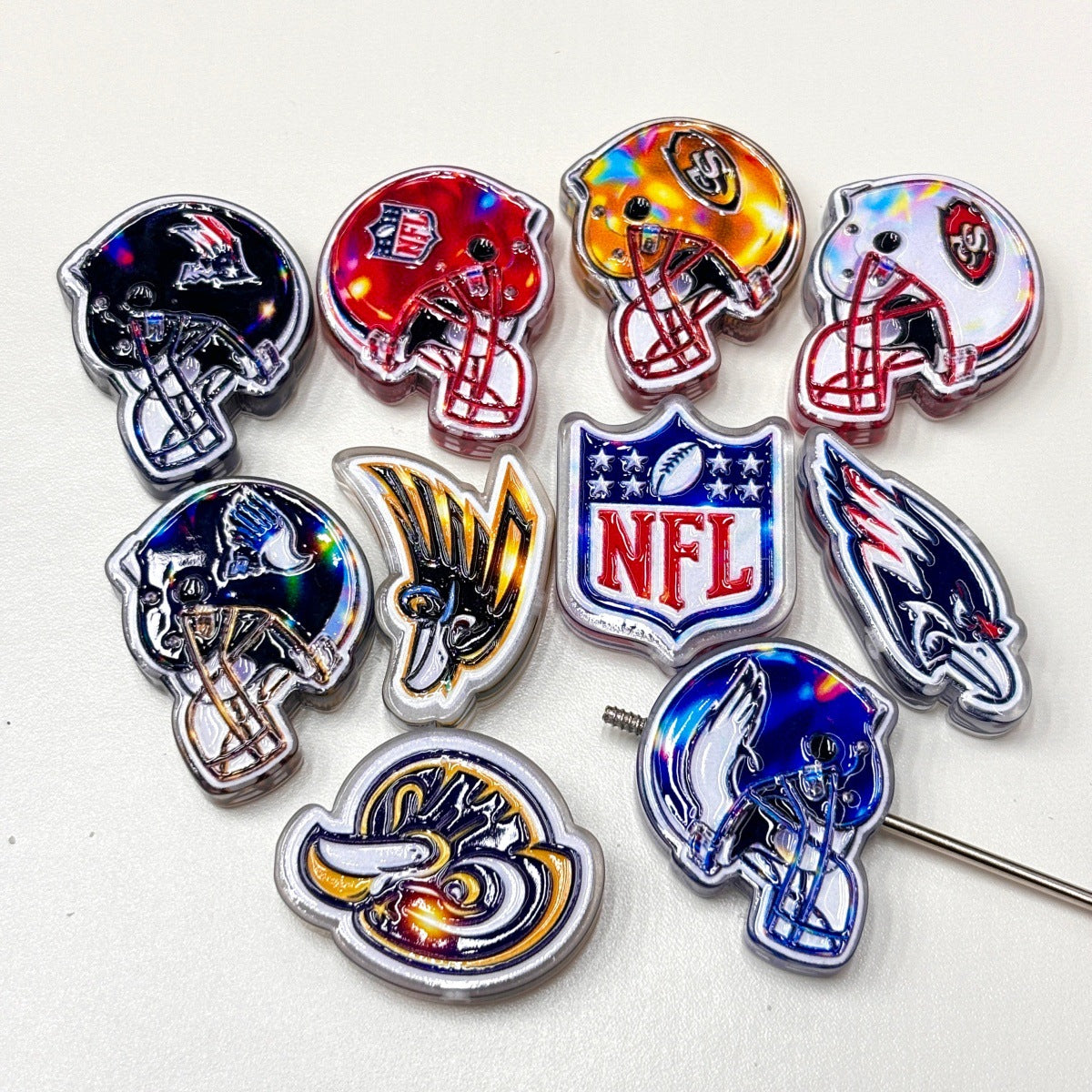 Holographic American Football Helmet Acrylic Focal Beads, Game Day Shield & Mascot Team Charms for DIY Beadable Pens, Keychains & Wristlets