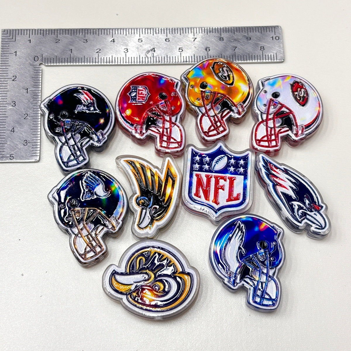 Holographic American Football Helmet Acrylic Focal Beads, Game Day Shield & Mascot Team Charms for DIY Beadable Pens, Keychains & Wristlets